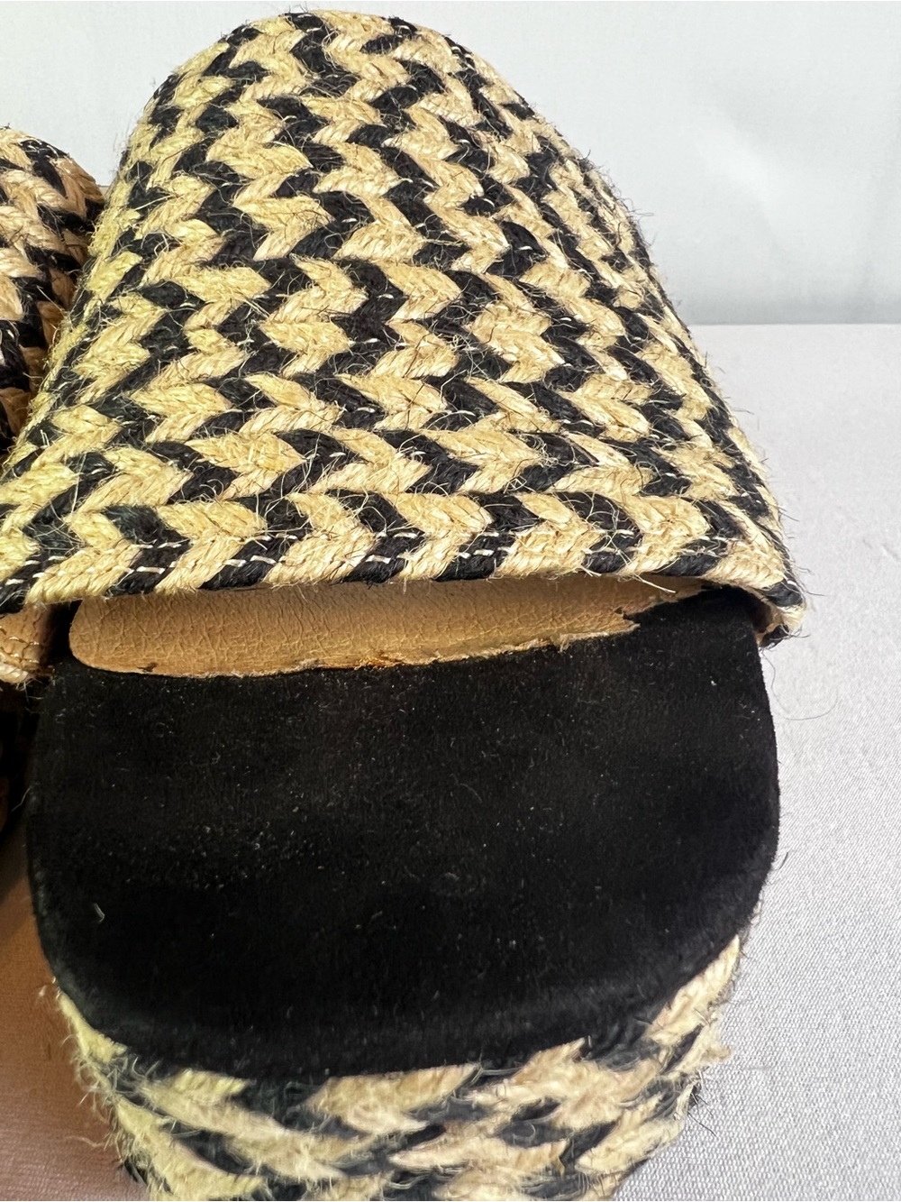 Lucky Brand Beffani Wedge Sandals Size 9 Black Cream Woven Jute Espadrille Boho - Picture 7 of 12